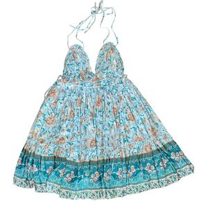 R. Vivimos Boho Floral Halter Mini Dress Blue Tiered Ruffle Backless Sundress M